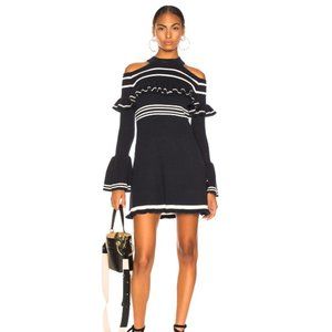 NWT Self-Portrait Navy & White Striped Ribbed Ruffle Shift Dress W/ Cutouts Sz M